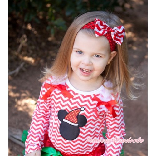 Xmas Red White Wave Long Sleeves Top with Christmas Minnie Print With White Ruffles & Red Bow TO127 